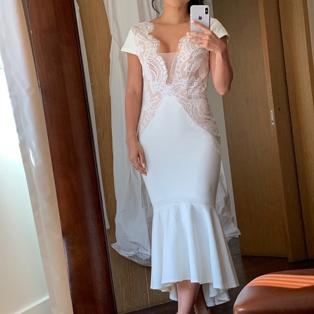 White Midi Lace with Ruffle Bottom Dress - Size S - Worn Once